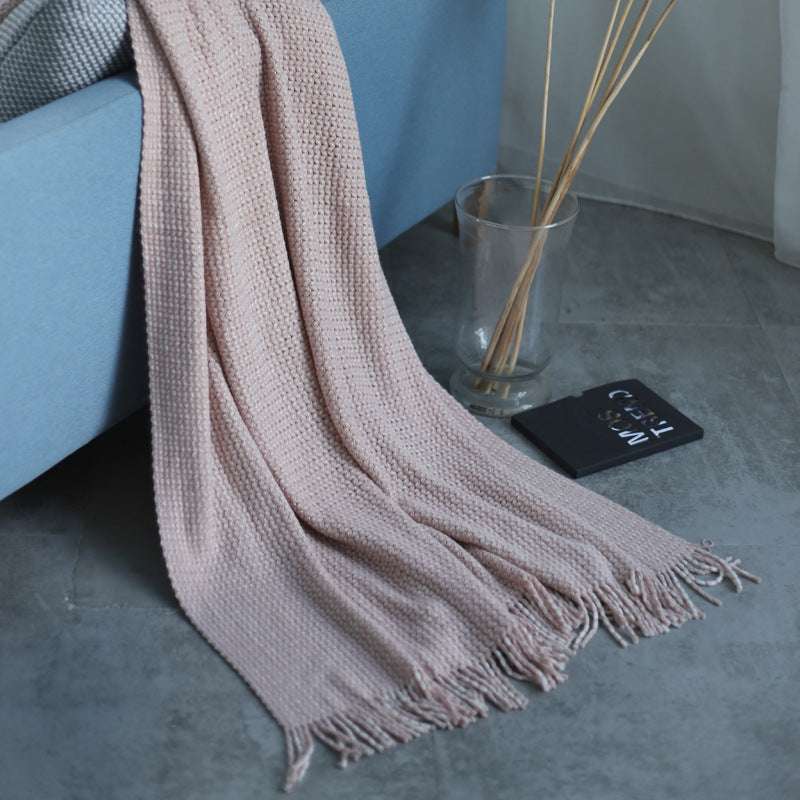 Solid Color Knitted Fringed Wool Sofa Blanket