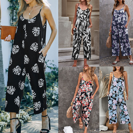 Flowers Print Suspender Jumpsuit With Pockets Spring Summer Fashion Round-neck Overalls For Womens Clothing - globaltradeleader