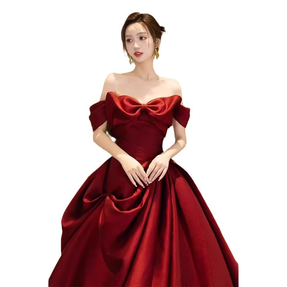 High-end Engagement Red Evening Dress French Off-shoulder Bow Princess Dress - globaltradeleader