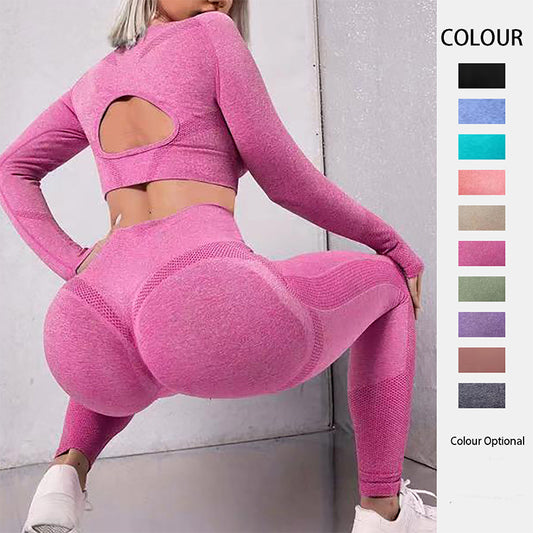 2pcs Sports Suits Long Sleeve Hollow Design Tops And Butt Lifting High Waist Seamless Fitness Leggings Sports Gym Sportswear Outfits Clothing - globaltradeleader
