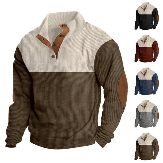 Casual Button Stand-collar Long Sleeve Pullover Sweatshirt For Men Fashion Colorblock Design Loose Tops - globaltradeleader