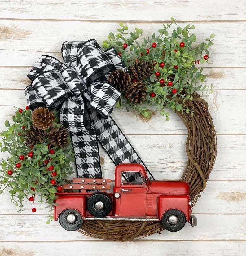 Christmas Truck Eucalyptus With Red Fruit Door Hanging Wreath With Truck
