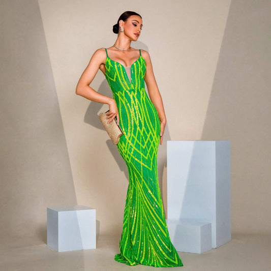 V-neck Strap Sequined Fishtail Evening Dress - globaltradeleader