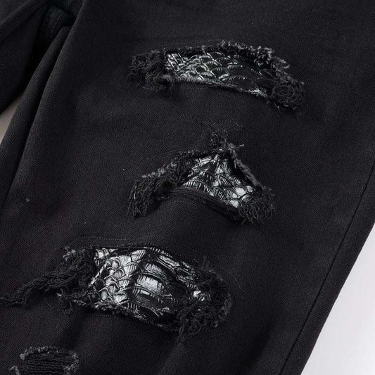 Broken Jeans With Elastic Embroidery Snake