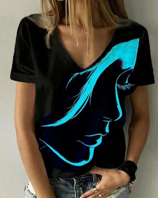 Fashion Women's Wear Abstract Portrait T-shirt Print Summer V-neck Shirt - globaltradeleader