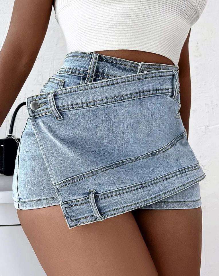 Street Vintage Denim Shorts Stretch Overlap Waist Wrap Solid Asymmetrical Hem A-Line Skinny Mini Skorts Skirt - globaltradeleader