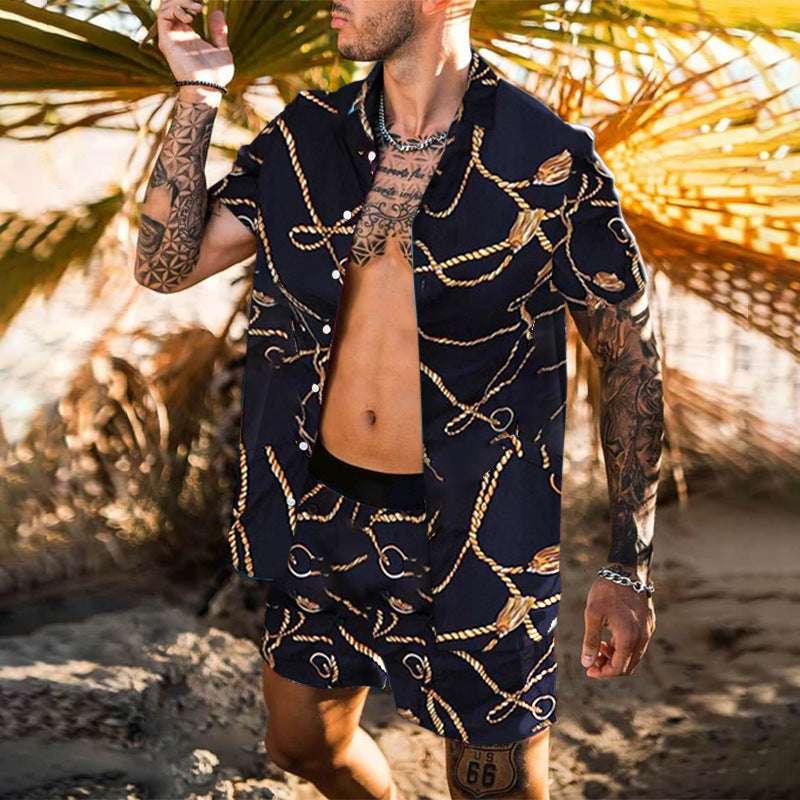 Summer Men Hawaiian Sets Printed Breathable Lapel Short Sleeve Shirtelastic Waist Beach Shorts Streetwear Casual Men Sets 2 Piec - globaltradeleader