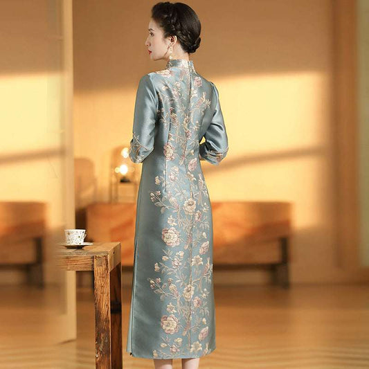 Jacquard Positioning Flower-and-bird Improved Cheongsam Dress