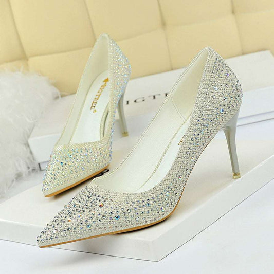 Korean Fashion Wedding Shoes High Heels Stiletto Heel High Heel Shallow Mouth Pointed Sexy Banquet Rhinestone Shoes
