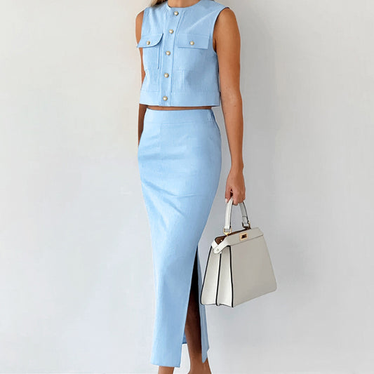 Slim Fit Sleeveless Top Straight Skirt Suit - globaltradeleader
