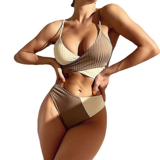 Bikini Patchwork Swimwear Ribbed Women's Swimsuit Knot Back Beachwear Ruched Butt Biquinis Bathing Suits - globaltradeleader