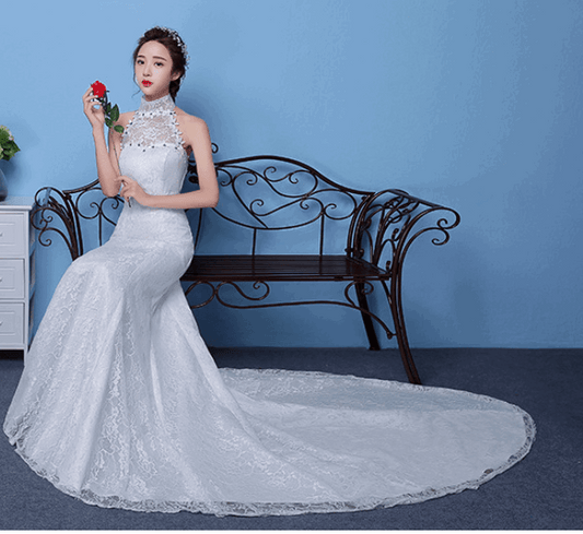 Big red wedding dress bride large size waist fishtail wedding dress palace fishtail tail Korean hanging neck
