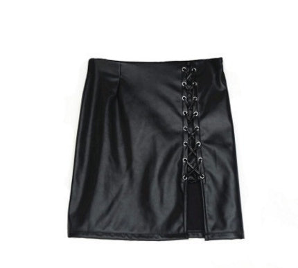 Black Lace Up PU Leather Skirts - globaltradeleader