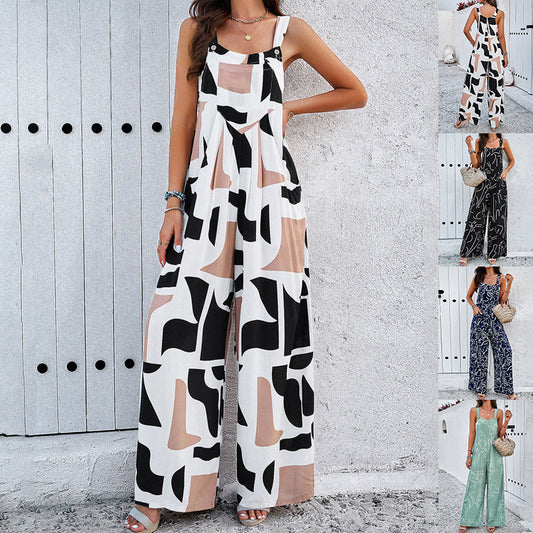 Fashion Print Square Neck Jumpsuit With Pockets Spring Summer Casual Loose Overalls Womens Clothing - globaltradeleader