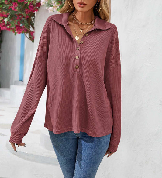 Fashion Lapel Button Sweatshirt Casual Loose Solid Color Long Sleeve Pullover T-shirt Top Womens Clothing - globaltradeleader