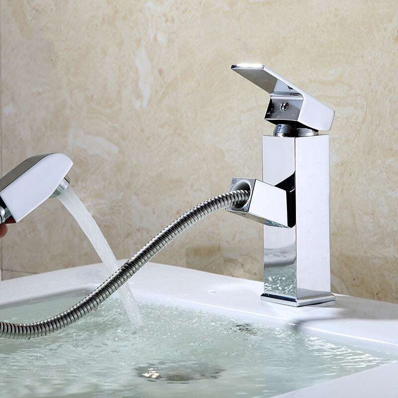 Pull Out Hot And Cold Basin Faucet Bathroom Kitchen Washbasin Telescopic Square Faucet - globaltradeleader