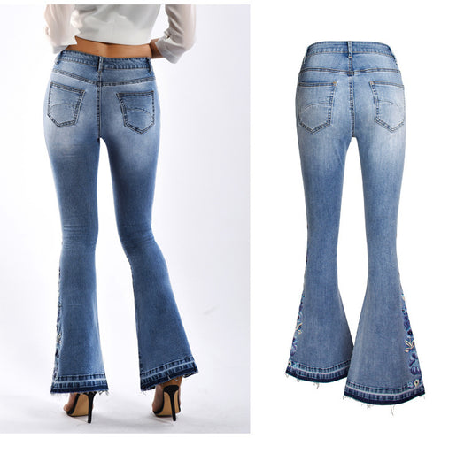 Denim Embroidered Women's Trousers, Wide-Leg Washed Flared Jeans, Plus Size Trousers - globaltradeleader