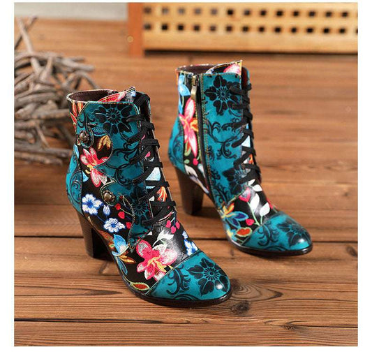 European And Beautiful Women Boots Autumn And Winter Fashion Ethnic Leather Handmade Retro Floral Shoes High-Heeled Boots - globaltradeleader