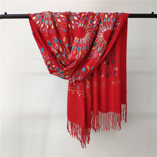 Women's Embroidered Cashmere SUNFLOWER Scarf