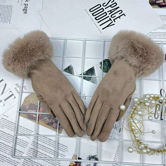 Warm Women's Fur Mouth Winter Riding Fleece-lined Finger Gloves Battery Car Thickened - globaltradeleader