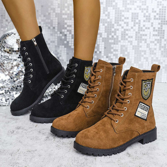 Fashion Lace-up Chunky Heels Boots Winter Round Toe Shoes For Women - globaltradeleader