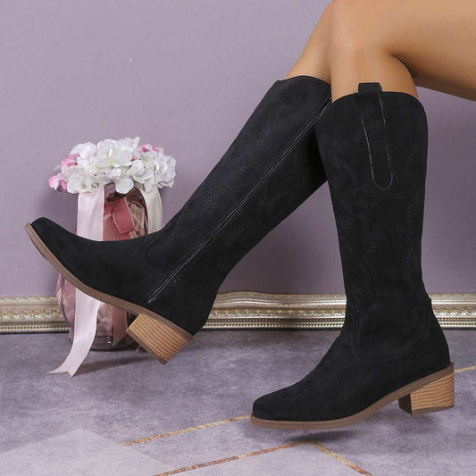 Women's Retro Pointed Toe Chunky Heel Solid Color Side Zipper Mid-calf Cowboy Boot - globaltradeleader
