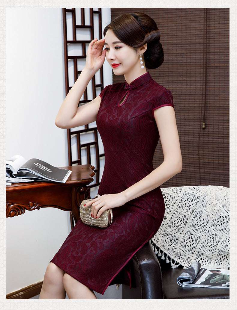 Engagement Banquet Wedding Cheongsam Lace Short Sleeve Cheongsam Dress