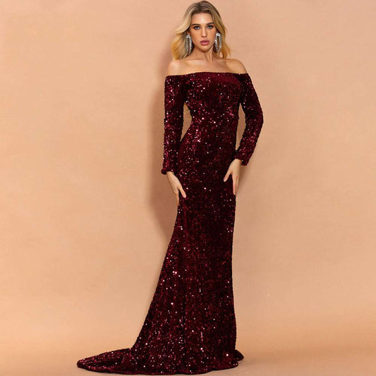 Sexy Strapless Long Sleeve Sequins Party Evening Dress - globaltradeleader