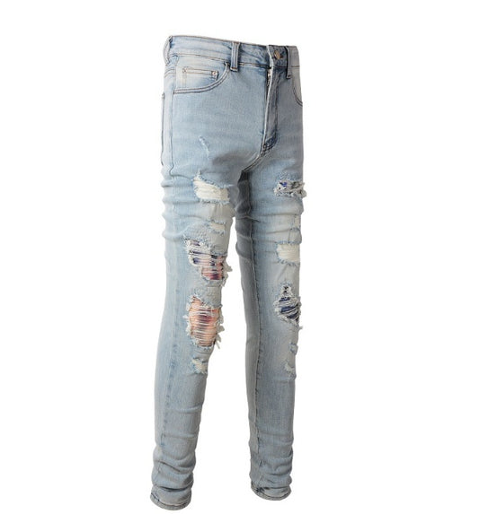 Hole & Patch Jeans Vintage Men's Stretch Slim High Street Denim - globaltradeleader
