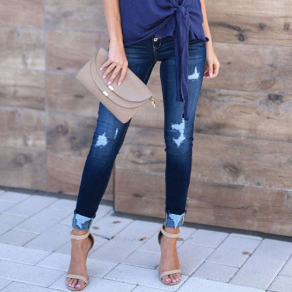 Pin buckle slim fit jeans - globaltradeleader