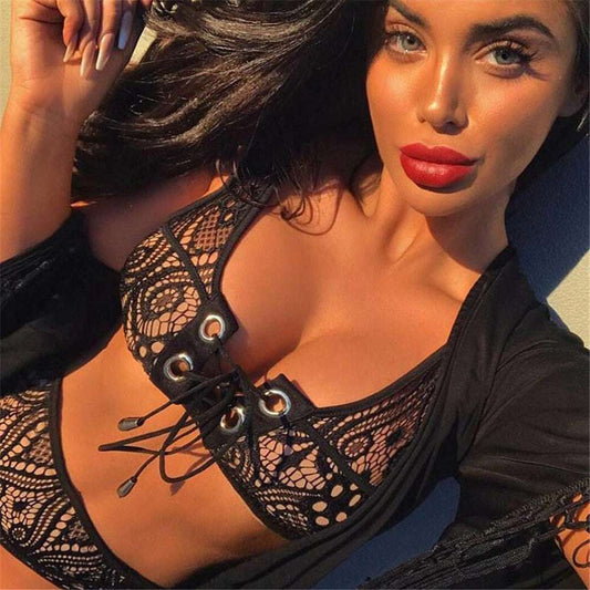 Fast Selling Lace Cord Solid Color Multicolor High Waist Sexy European Style Split Bikini Swimsuit Woman - globaltradeleader