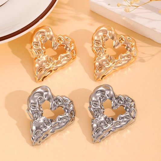 New Pleated Lava Hollow Heart-shaped Earrings Personality Exaggerated Love Earrings For Women Valentine's Day Jewelry - globaltradeleader