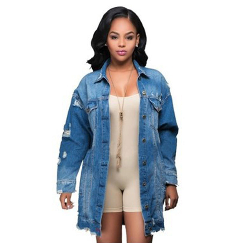 Long hole denim trench coat - globaltradeleader
