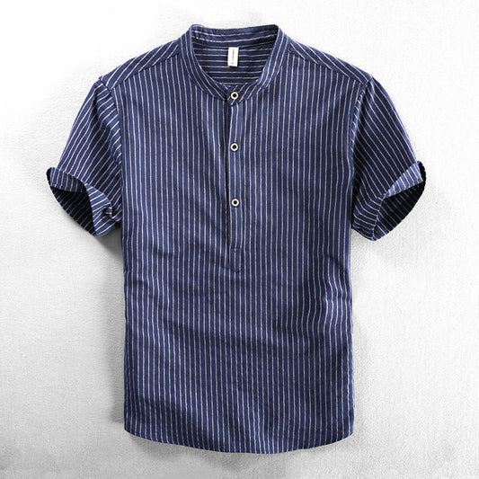 Men's Short Sleeve Striped Stand Collar Casual Loose Plus Size Shirt Thin - globaltradeleader