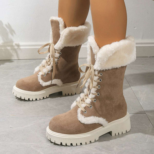 Winter Lace-up Snow Boots For Women Mid-tube Fleece Shoes Warm Chunky Heels Plush Boot - globaltradeleader