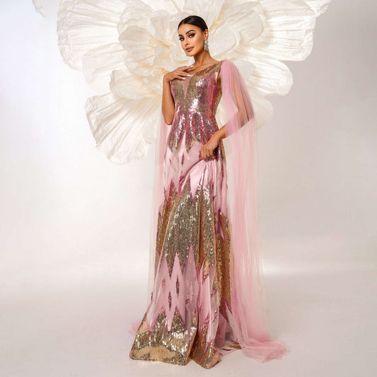 Mesh Long Sleeve V-neck Sequins Large Swing Evening Dress - globaltradeleader