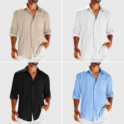 Casual Long Sleeve Shirt With Pocket Lace Polo Collar Solid Color Button Mens Clothing - globaltradeleader