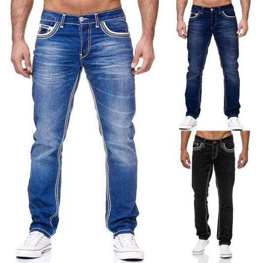 Men Jeans With Pockets Straight Pants Business Casual Daily Streetwear Trousers Men's Clothing - globaltradeleader