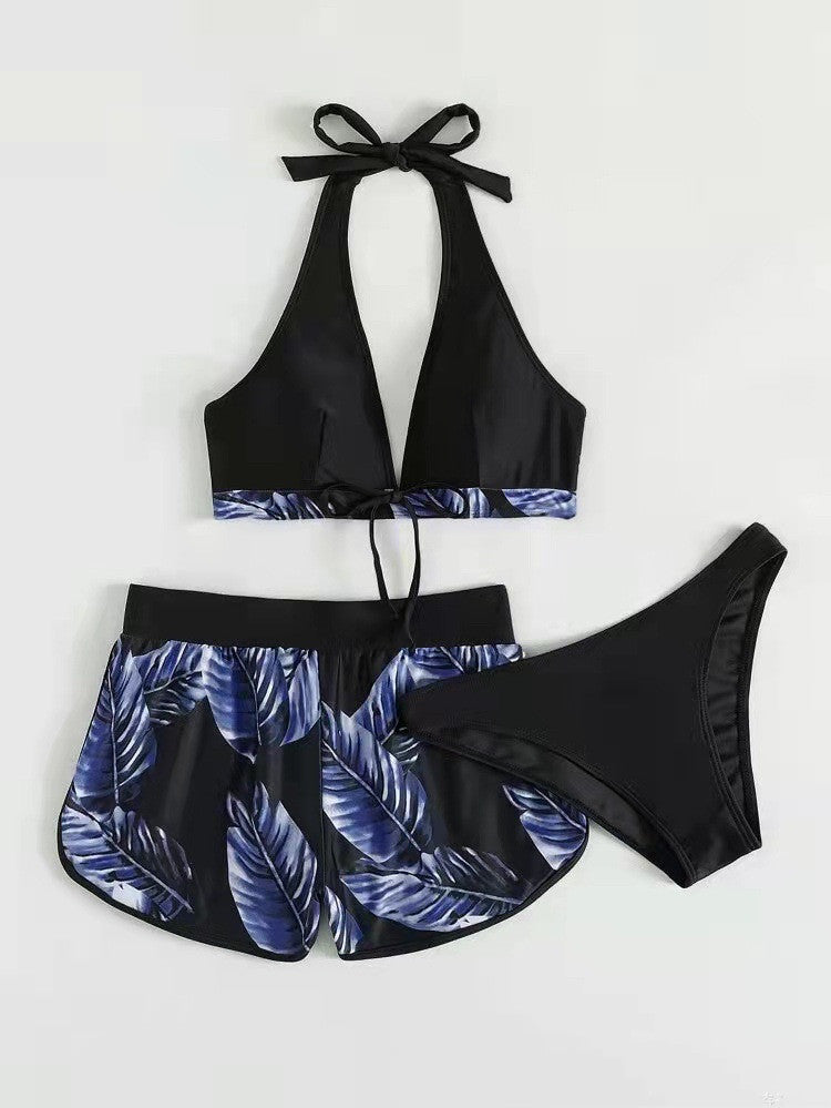 3pcs Leaf Print Bikini With Shorts Fashion Summer Beach Swimsuit Womens Clothing - globaltradeleader
