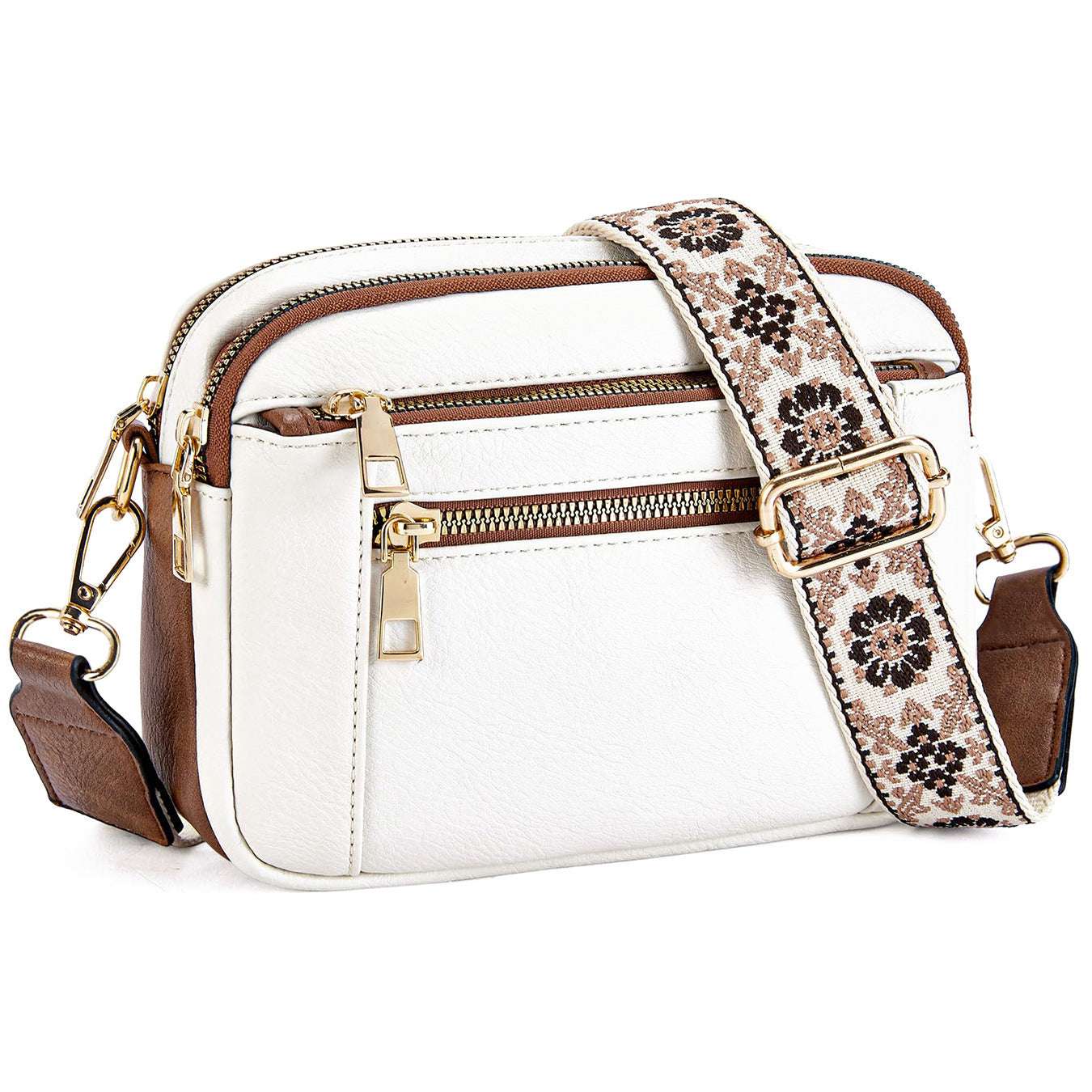Triple-zipper Shoulder Bag With Floral Embroidered Straps Fashion Colorblock Multi-functional Crossbody Bags For Women - globaltradeleader