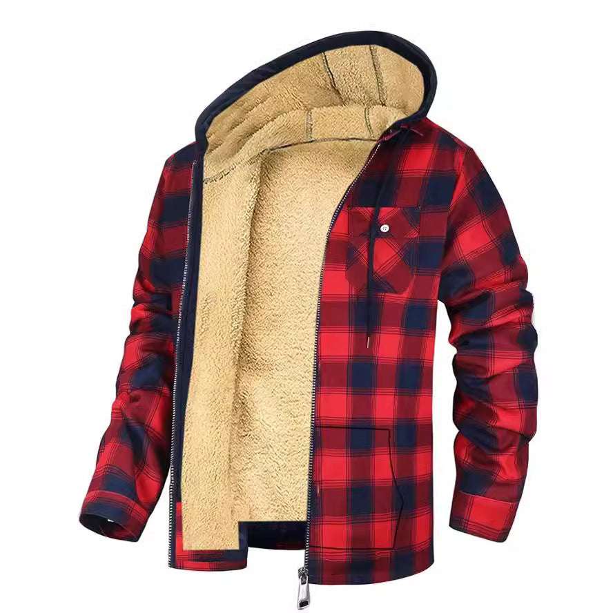 Men's Plaid Print Hooded Zip-Up Jacket Winter Thickened Cotton-padded Coat Warm Clothing - globaltradeleader