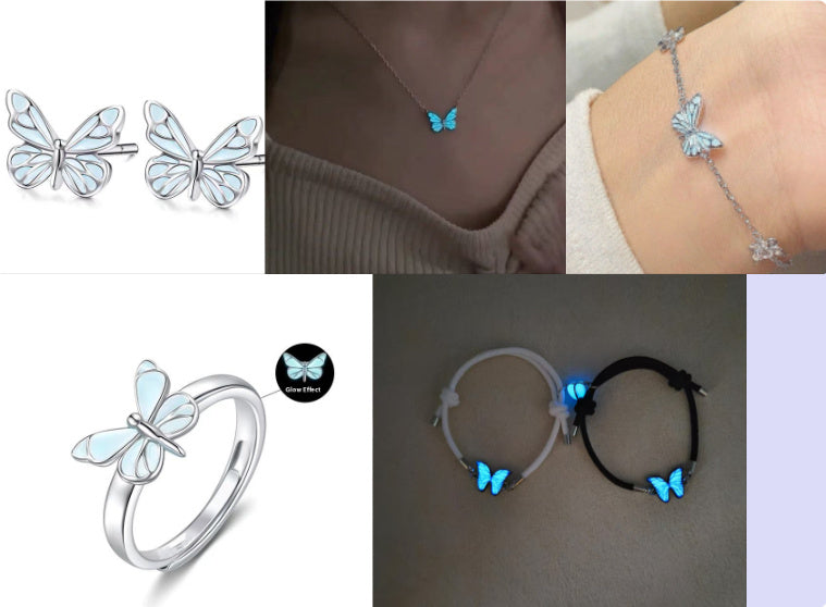 Fashion Blue Luminous Butterfly Necklace Bracelet Set For Glow In The Dark Women Clavicle Chain Choker Party Jewelry Set Gift - globaltradeleader