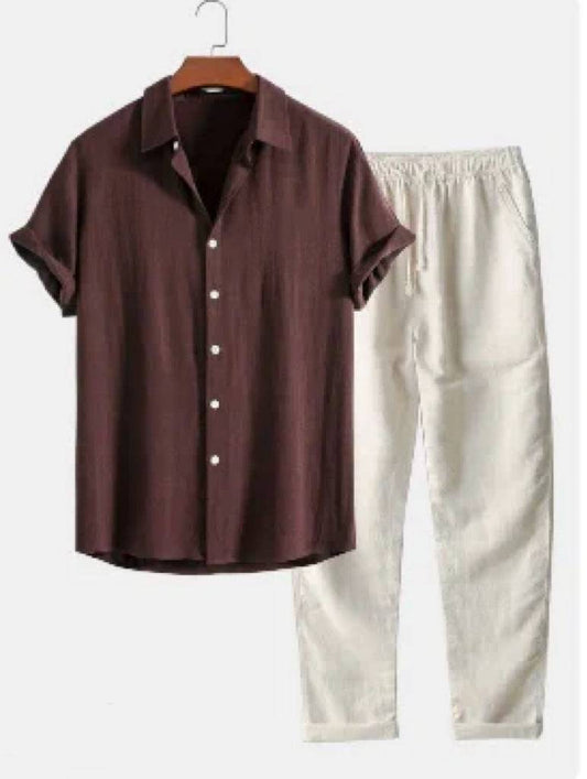 Men's Casual Loose Multi-color Beachwear Cotton And Linen Short Sleeve Suit Two-piece Set - globaltradeleader