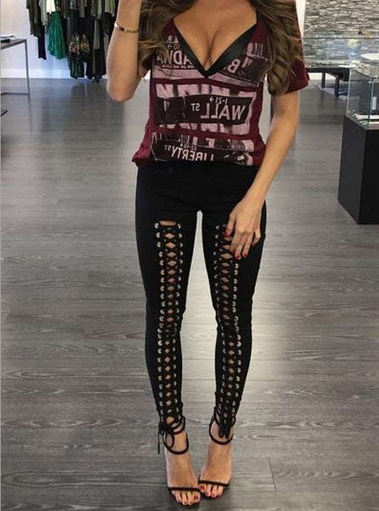 Sexy Solid Color Double-rowed Eyelet Slim Leggings - globaltradeleader