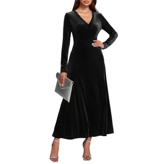 V-neck Long Sleeve Evening Dress Pleuche Dress - globaltradeleader