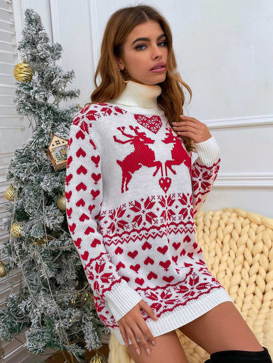 Turtleneck Elk Love Sweater Dress - globaltradeleader