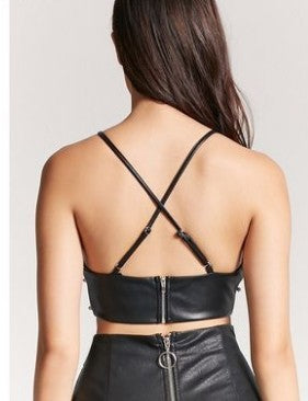 Simplee Pu leather pearl crop top women Strap backless camisoles tanks Summer style streetwear cropped sexy top female - globaltradeleader