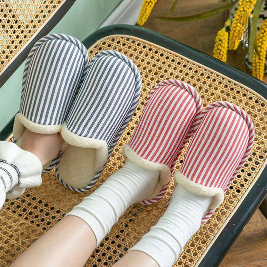Fashion Striped Printed Slippers For Women Autumn And Winter Warm Non-slip Thick Sole House Shoes Men's Indoor Plush Shoes - globaltradeleader