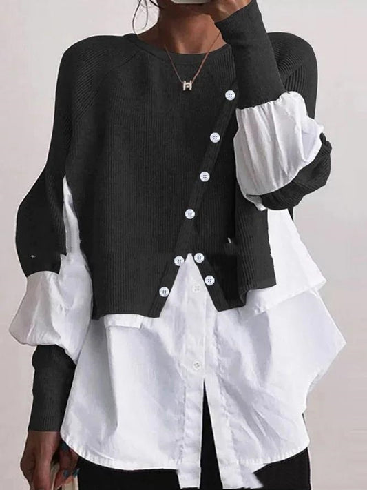 Crew Neck Long Sleeve Knitted Multi-color Patchwork White Shirt Women's - globaltradeleader