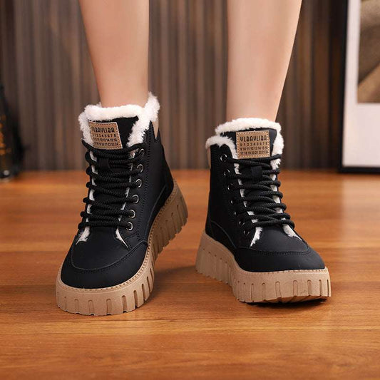 Ins Lace-up Snow Boots Winter Warm Fleece Flat Shoes For Women Fashion Casual Plush Ankle Boot - globaltradeleader